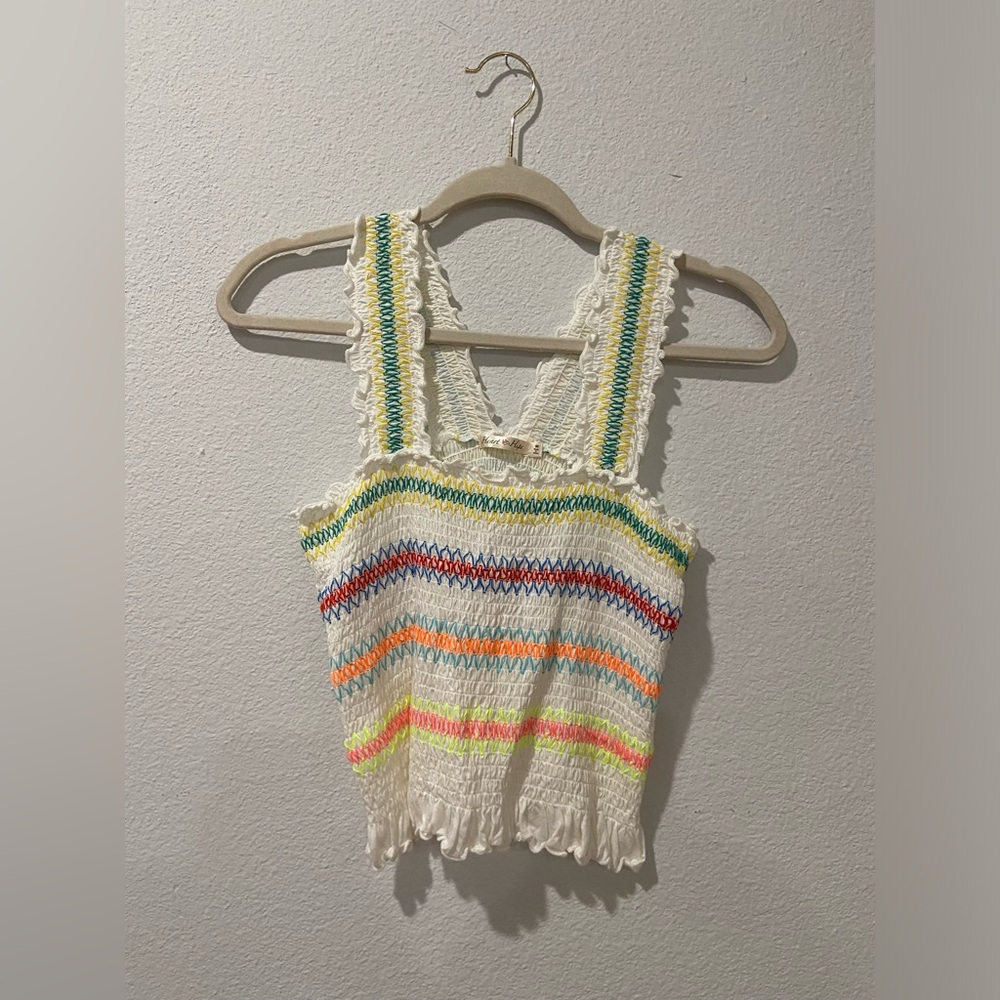 White and neon smocked crop top